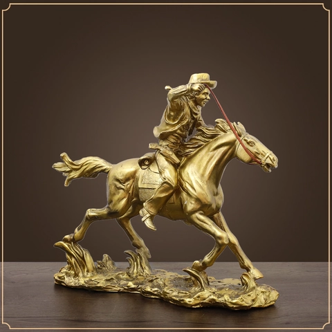 Western Cowboy Riding Horse Statue Resin Golden Metallic Figurine Vintage Desktop Sculpture For Home Office Decor