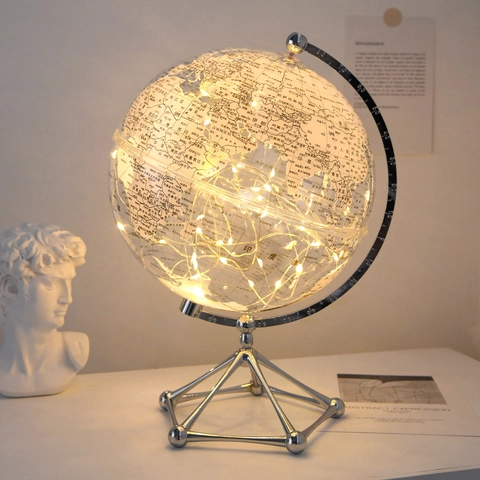 Modern Transparent Globe Ornament LED Light String Metal Stand World Map Desk Decoration Home Office Luxury Hourglass