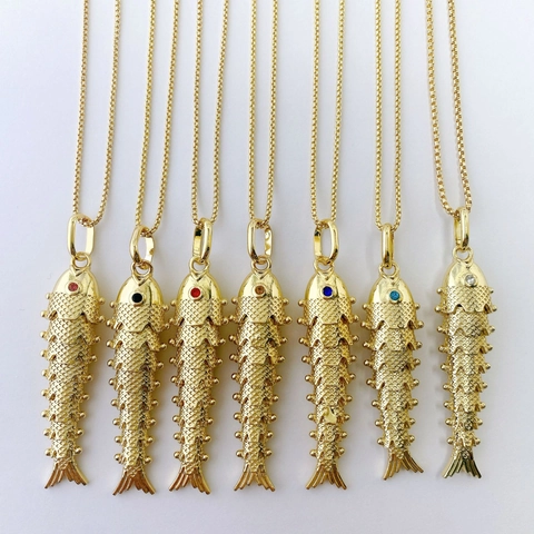 Articulated Koi Fish Pendant Necklace Gold Plated Copper Movable Animal Charm With Colorful Gemstone Eyes Jewelry For Women