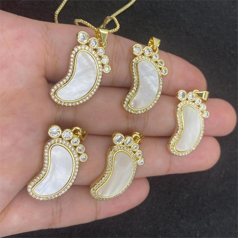 Copper Footprint Pendant Necklace With Mother Of Pearl Rhinestone Inlay Baby Feet Charm Fashion Jewelry For Women Gift