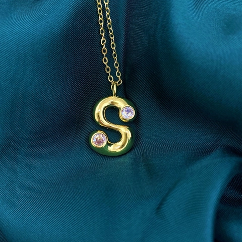 Gold Plated Copper Colorful Zircon Bubble Letter Pendant Necklace For Women Personalized Alphabet Initial DIY Jewelry Accessory