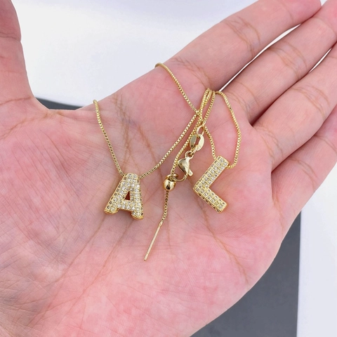 Gold Plated Copper Alphabet Letter Pendant Necklace With Micro Inlaid Zirconia Adjustable Box Chain Jewelry For Men And Women