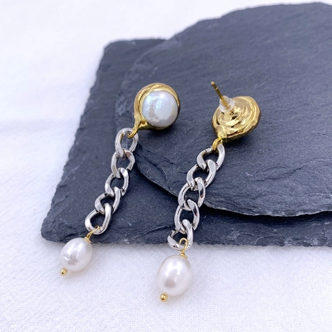 Vintage 18K Gold Plated Copper Artificial Pearl Tassel Earrings For Women Industrial Mixed Metal Silver Chain Long Drop Stud Earrings