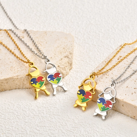 Stainless Steel Autism Awareness Puzzle Heart Necklace Boy Girl Silhouette Enamel Pendant For Children Jewelry Gift