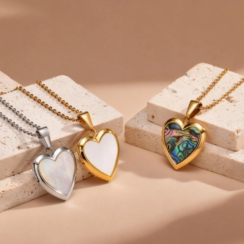 Heart Shaped Locket Necklace Stainless Steel Gold Silver Plated Mother Of Artificial Pearl Abalone Shell Jewelry Pendant For Women