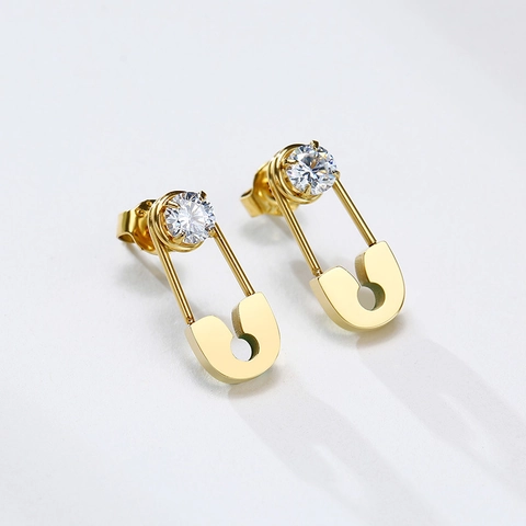 316L Stainless Steel Safety Pin Stud Earrings For Women AAA Cubic Zirconia Gold Silver Plated Industrial Style Jewelry