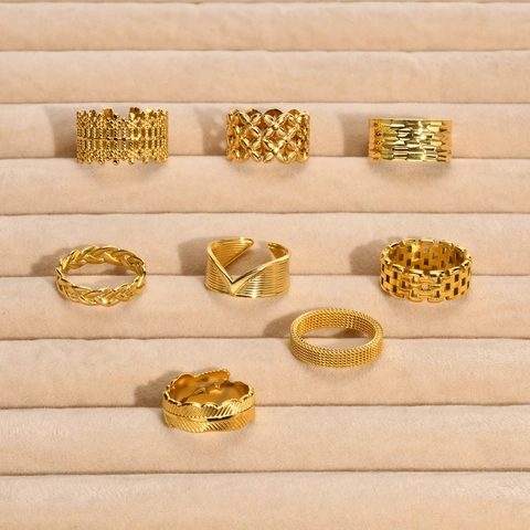 Anillo Abierto de Acero Inoxidable Chapado en Oro para Mujer Malla Tejido Pluma Patrón Martillado Anillo Ajustable Joyería