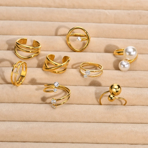 Anillo Abierto de Acero Inoxidable de Moda para Mujer Cruz Geométrica Chapada en Oro Perla Artificial Strass Joyas