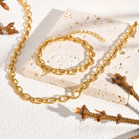 Fashion Stainless Steel Embossed Oval Link Chain Bracelet Necklace For Women Gold Plated Twisted Chunky Chain Jewelry