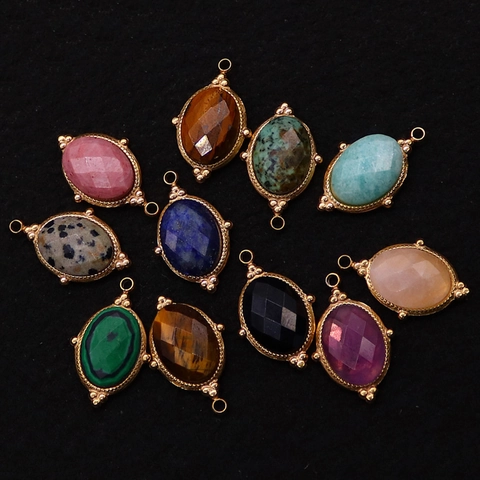 Naturstein Facettierter Ovaler Anhänger Edelstahl Vergoldet Vintage Edelstein Steckverbinder DIY Schmuckherstellung Zubehör Für Damen