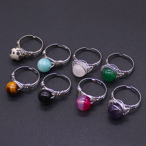 Handmade Wire Wrapped Natural Stone Beads Ring Stainless Steel Adjustable Tiger Eye Agate Amethyst Bohemian Finger Jewelry