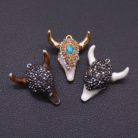 Retro Stierenschedel Hanger Hars Strass Ingelegde Stierenkop Charm Voor DIY Sieraden Maken Halloween Trui Ketting Accessoire