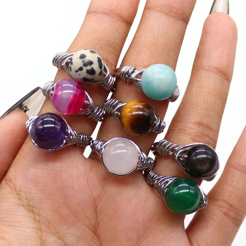 Handmade Wire Wrapped Natural Stone Beads Ring Stainless Steel Adjustable Tiger Eye Agate Amethyst Bohemian Finger Jewelry