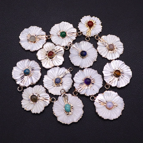 Vintage Shell Flower Pendant Inlaid Natural Stone Jewelry Making Accessory Pendant Only Without Chain For Women Necklace DIY