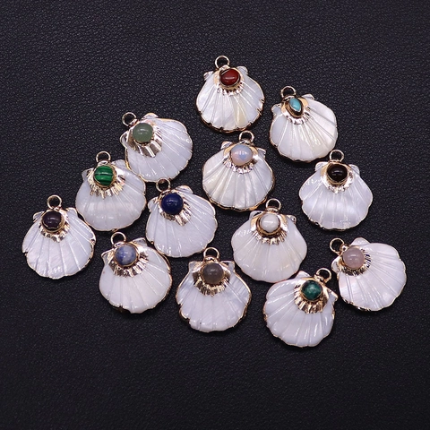 Natural White Shell Scallop Pendant Gold Plated Copper Inlaid Crystal Multi Stones DIY Jewelry Making Charm For Necklace