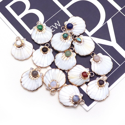 Natural White Shell Scallop Pendant Gold Plated Copper Inlaid Crystal Multi Stones DIY Jewelry Making Charm For Necklace