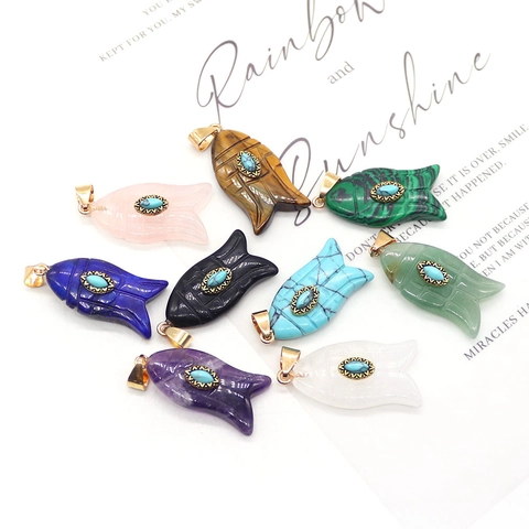 Pendentifs en Pierre Naturelle Forme de Poisson Sculpté Alliage Incrusté de Strass Œil de Tigre Malachite pour Création de Bijoux DIY