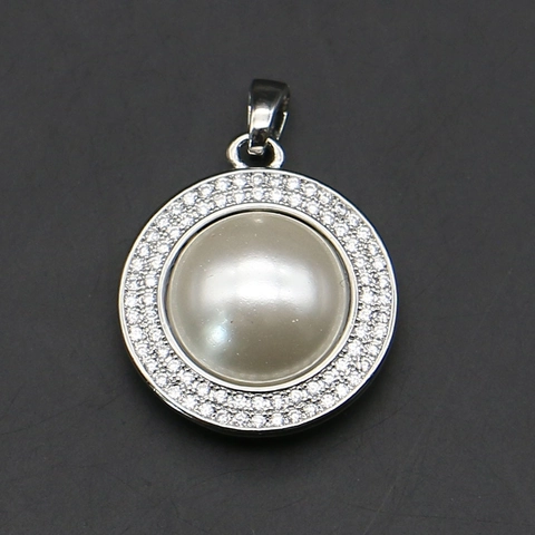 Round Shell Artificial Pearl Pendant With Zirconia Micro Pave Halo Design Silver Plated Elegant Jewelry Making Component For Women