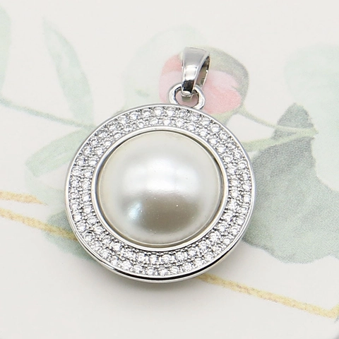Round Shell Artificial Pearl Pendant With Zirconia Micro Pave Halo Design Silver Plated Elegant Jewelry Making Component For Women