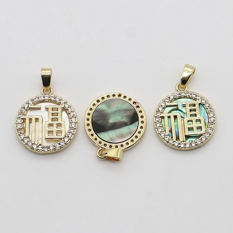 Chinese Fu Character Round Shell Pendant Copper Gold Plated Rhinestone Mother Of Pearl Charm For DIY Jewelry Necklace Making