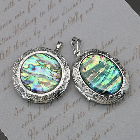 Vintage Carved Copper Locket Pendant With Natural Abalone Shell Iridescent Round Oval Openable Photo Pendant DIY Necklace Jewelry Making Findings