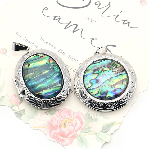 Vintage Carved Copper Locket Pendant With Natural Abalone Shell Iridescent Round Oval Openable Photo Pendant DIY Necklace Jewelry Making Findings