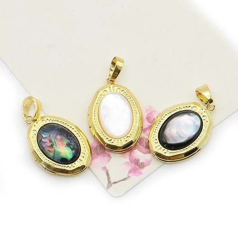 Vintage French Oval Shell Locket Pendant For DIY Necklace Jewelry Making Gold Plated Copper Abalone Mother Of Pearl