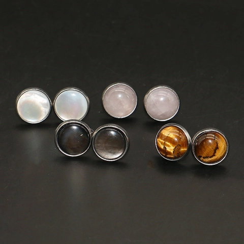 Naturstein Runde Ohrstecker Für Damen Herren Edelstahl Bezel Eingewickelt Tigerauge Rosenquarz Perlmutt Schmuck