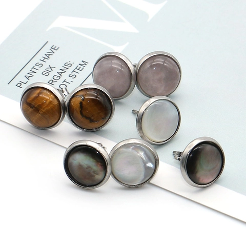 Naturstein Runde Ohrstecker Für Damen Herren Edelstahl Bezel Eingewickelt Tigerauge Rosenquarz Perlmutt Schmuck