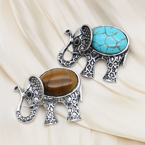 Spilla Ciondolo a Forma di Elefante in Lega di Zinco Vintage Pietra Naturale Occhio di Tigre Turchese Gioielli per Donna Uomo