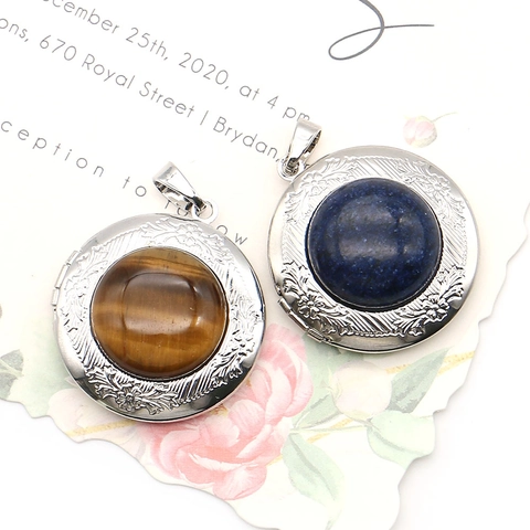 Vintage Round Natural Stone Locket Pendant Floral Engraved Openable Copper Photo Locket Tiger Eye Lapis Lazuli Jewelry Making