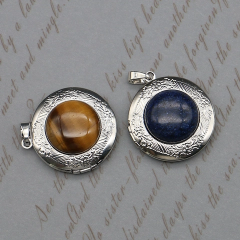 Vintage Round Natural Stone Locket Pendant Floral Engraved Openable Copper Photo Locket Tiger Eye Lapis Lazuli Jewelry Making