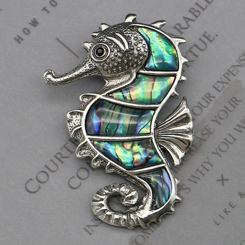 Vintage Alloy Abalone Shell Seahorse Brooch Pendant Rhinestone Inlaid Retro Silver Seahorse Jewelry For Women Wedding Party