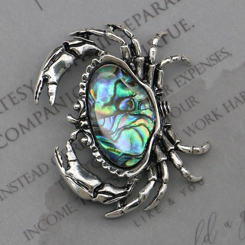 Broche de Cangrejo de Aleación Vintage Con Incrustaciones de Concha de Abulón Joyería Animal de Metal Plateado Antiguo
