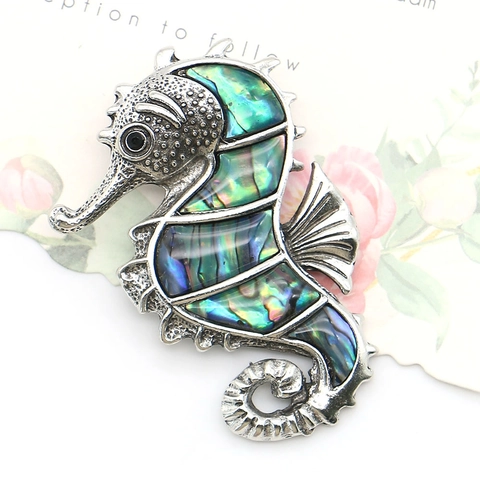 Vintage Alloy Abalone Shell Seahorse Brooch Pendant Rhinestone Inlaid Retro Silver Seahorse Jewelry For Women Wedding Party