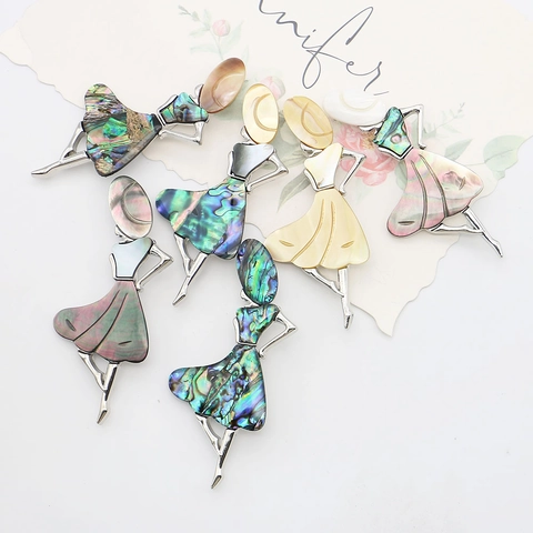 Broche de Bailarina de Ballet de Aleación Vintage Con Incrustación de Concha Natural y Abulón Colgante de Mujer Elegante