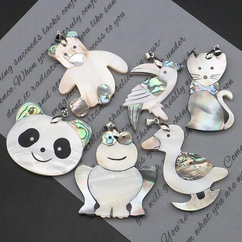 Natural Mother Of Artificial Pearl Abalone Shell Animal Pendant For DIY Jewelry Making Panda Bear Frog Cat Bird Duck Necklace Charm