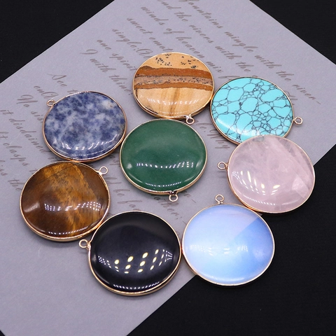Natural Stone Round Disc Pendant With Gold Plated Alloy Edging Border Quartz Malachite DIY Necklace Jewelry Making Pendant