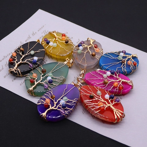 Handgemaakte Draadgewikkelde Levensboom Agaat Schijf Hanger Natuursteen Chakra Kralen Onregelmatige Edelsteen Alleen Hanger Zonder Ketting