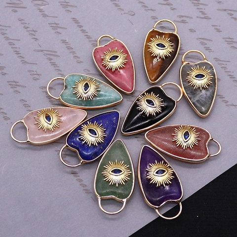 Heart Shape Natural Stone Evil Eye Pendant Copper Gold Plated Sunburst Charm For DIY Necklace Jewelry Making Accessories