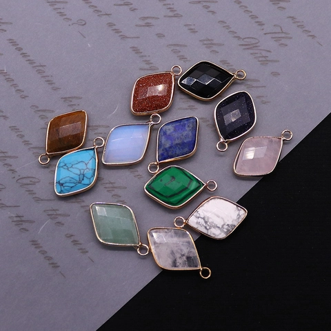 Faceted Rhombus Natural Stone Pendant Rhombus Gemstone Charm With Gold Plated Rim For DIY Necklace Jewelry Making Accessory