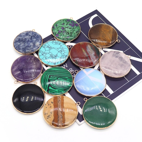 Natural Stone Round Disc Pendant With Gold Plated Alloy Edging Border Quartz Malachite DIY Necklace Jewelry Making Pendant