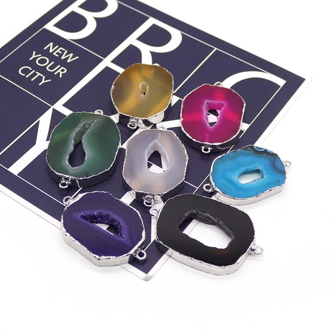 Natuurlijke Agaat Druzy Plak Hanger Connector Met Dubbele Lus Verzilverde Rand Onregelmatige Agaat Geode Voor DIY Sieraden