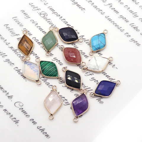 Natural Stone Faceted Rhombus Pendant Connector Double Hole Gold Plated Alloy Inlaid Gemstone For DIY Jewelry Making Accessories