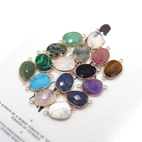 Natural Stone Oval Faceted Connector Pendant With Gold Plated Copper Edge For DIY Jewelry Making Necklace Bracelet Accessory
