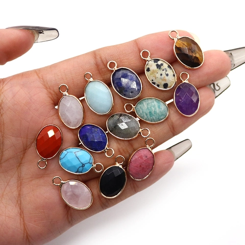 Faceted Oval Natural Stone Pendant Only (Without Chain) Electroplated Lapis Lazuli Rose Quartz DIY Jewelry Pendant