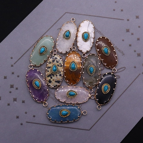 Vintage Natural Stone Oval Pendant Artificial Turquoise Inlaid Copper Gilded DIY Charm For Jewelry Making Bohemian Style