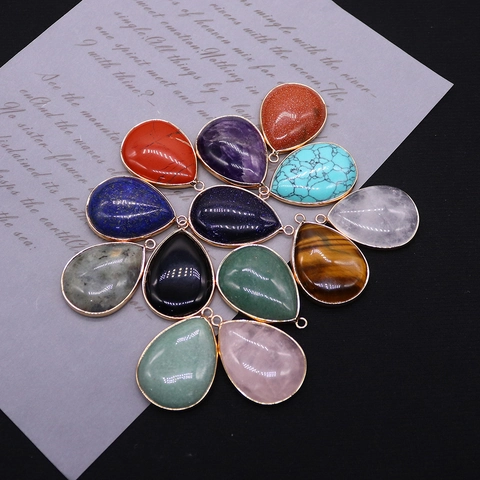 Teardrop Natural Stone Pendant With Gold Plated Copper Edge Amethyst Rose Quartz Tiger Eye Lapis Lazuli For DIY Jewelry Making