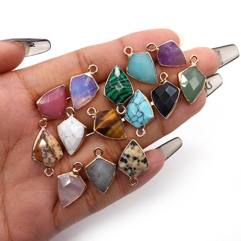 Natural Stone Faceted Shield Shape Pendant Electroplated Copper Edging Tiger Eye Opal Amethyst For DIY Necklace Jewelry Making