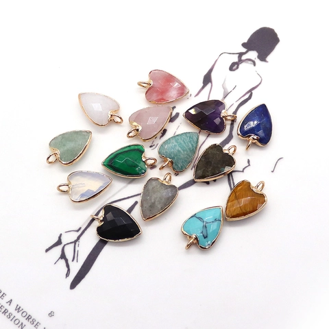 Heart Shaped Natural Stone Pendant Gold Plated Edge Heart Charm For DIY Necklace Jewelry Making Pendant Only Without Chain